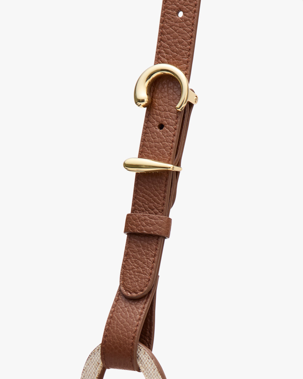 A leather strap with gold metal buckle detail.