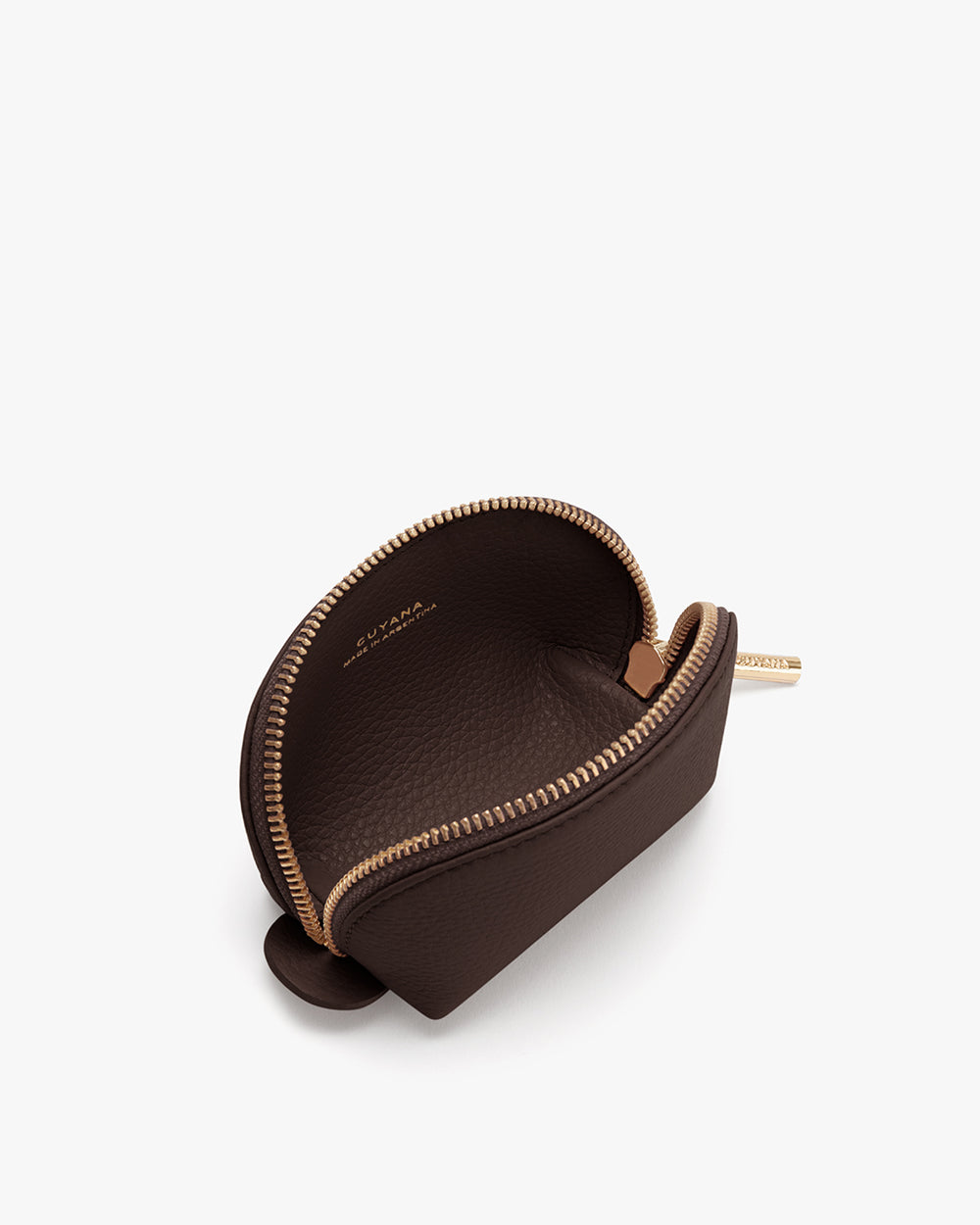 Small open zippered pouch with textured surface.