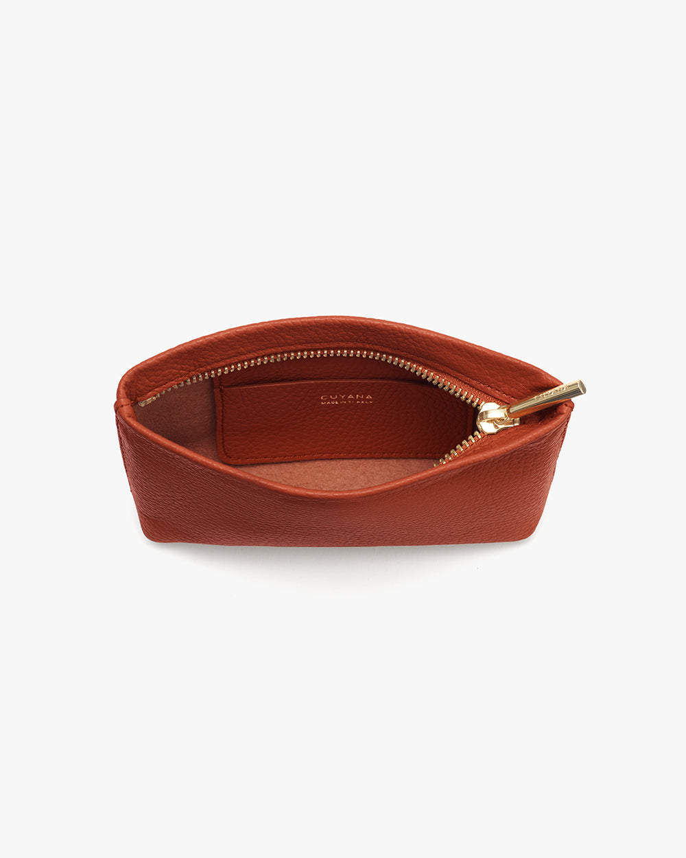 Small open pouch with visible zipper and interior lining