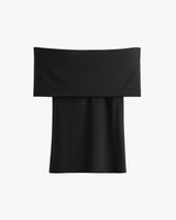 Off-the-shoulder black top displayed on a plain background
