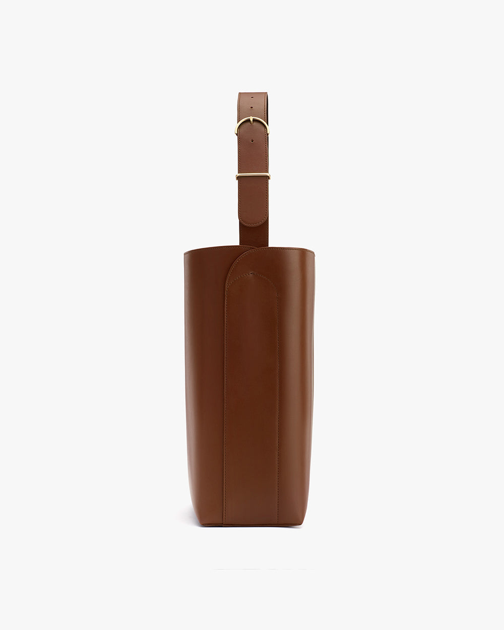 Side view of a structured handbag with a single shoulder strap.