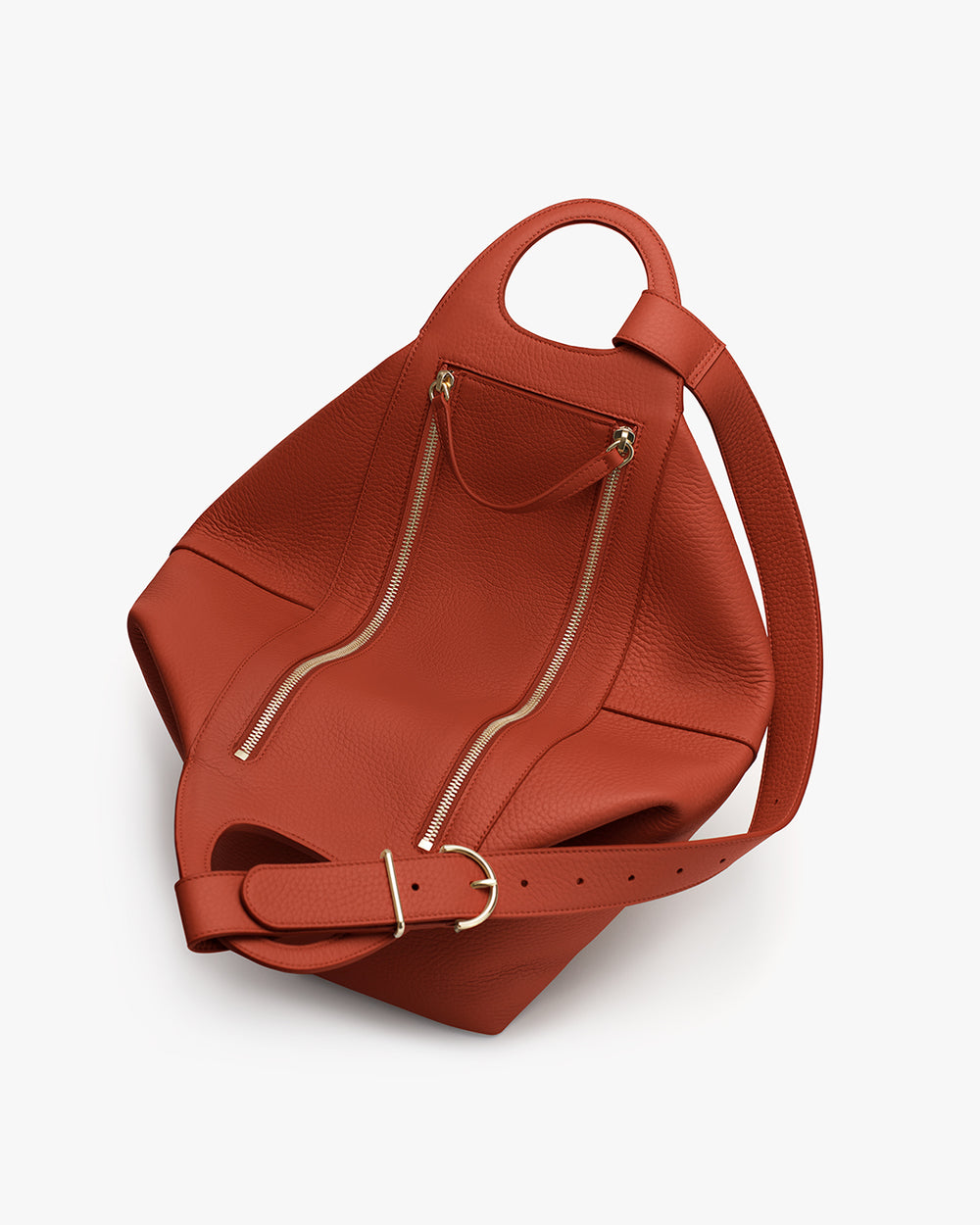 Bag with a strap and two vertical zippers on the top.