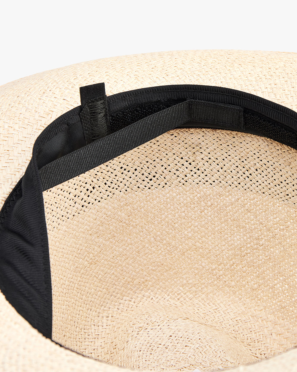 Inside view of a woven hat with a black band.