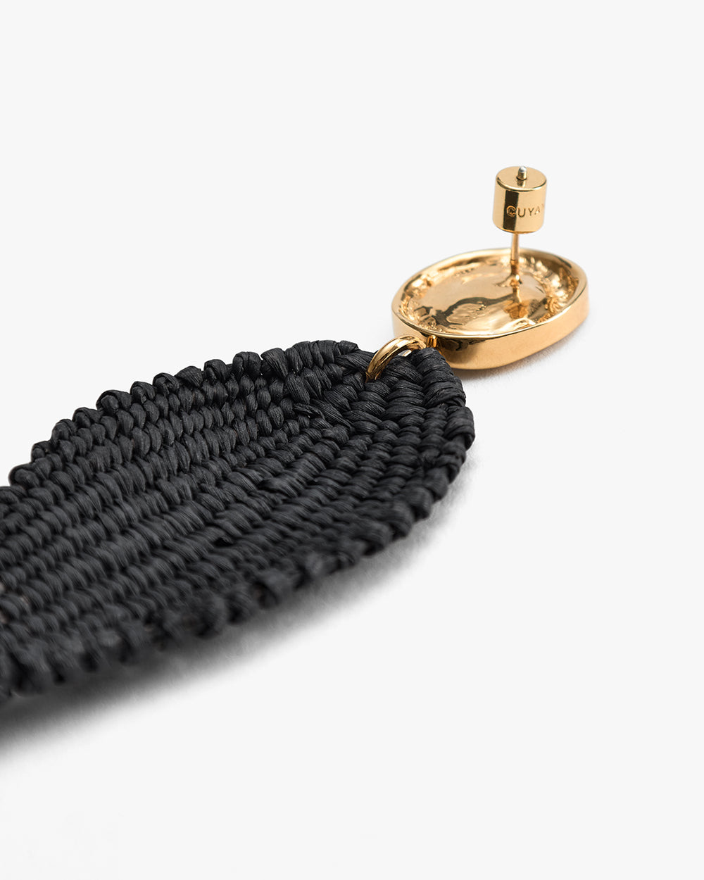 Woven earring with a round metal stud attachment