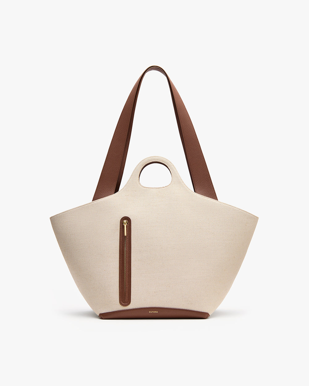 Large tote bag with a frontal zipper pocket, circular handle, and long strap.