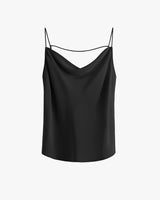 Sleeveless top with thin straps and draped neckline on a plain background.