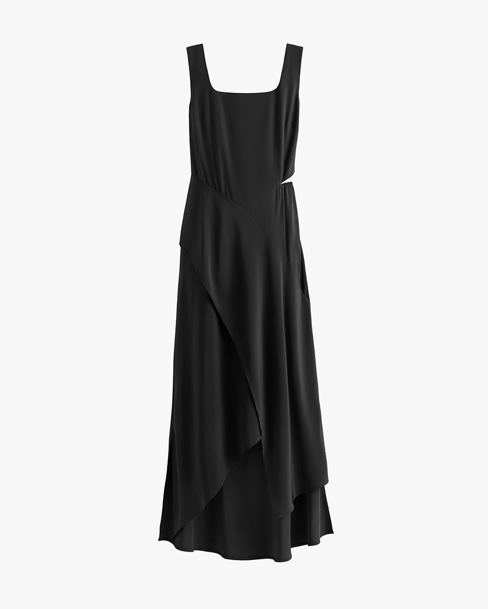 Sleeveless dress with a square neckline and layered skirt.