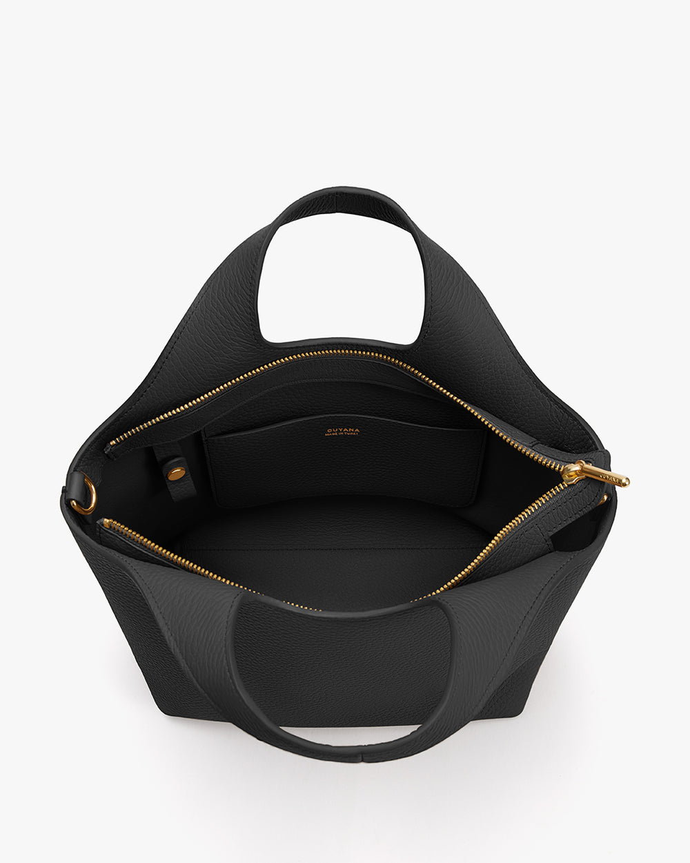Open handbag with interior pocket and zip closure