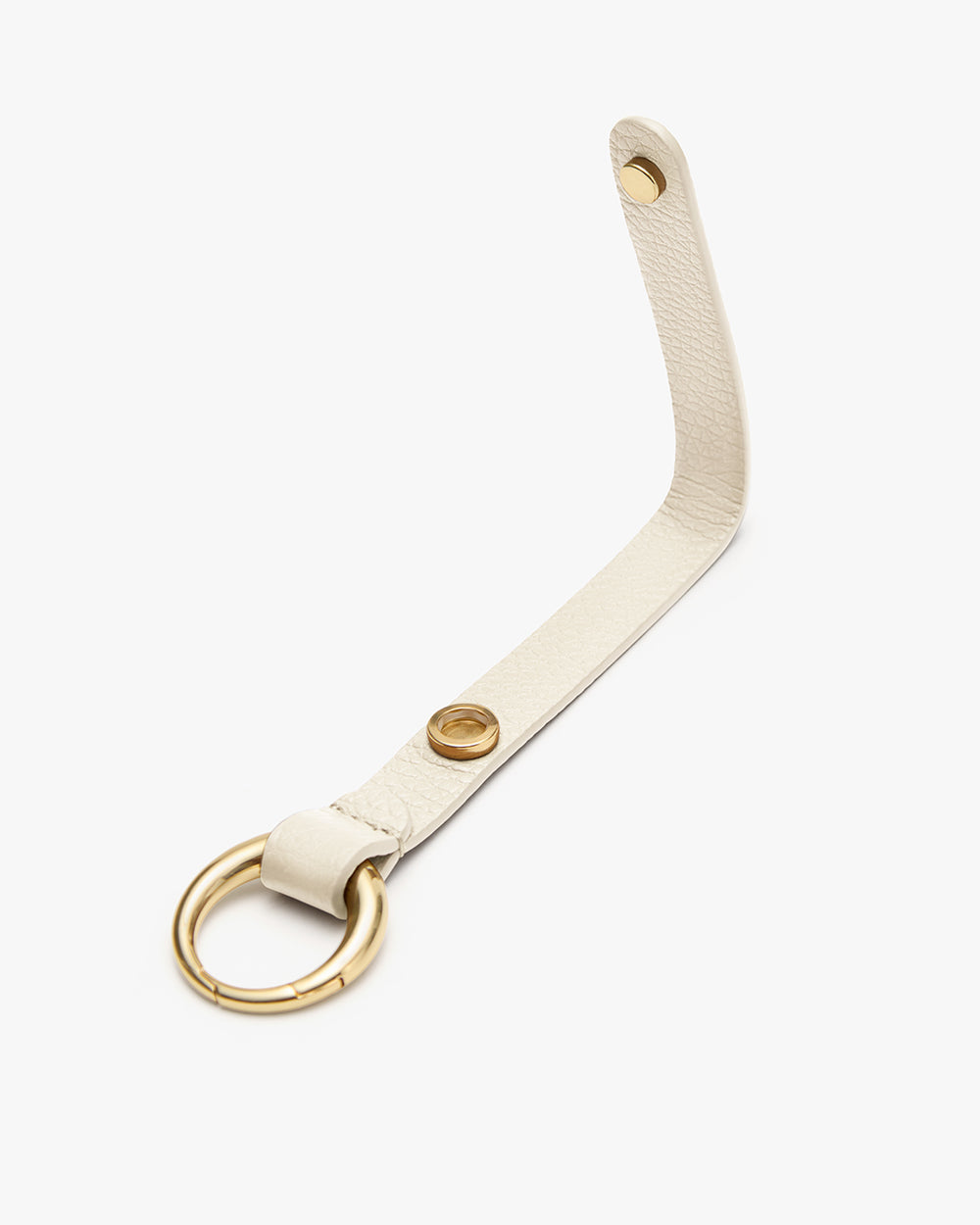 Leather strap keyring with metal ring and snap buttons.