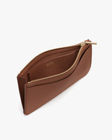 Open rectangular pouch, featuring a zipper and interior compartment.