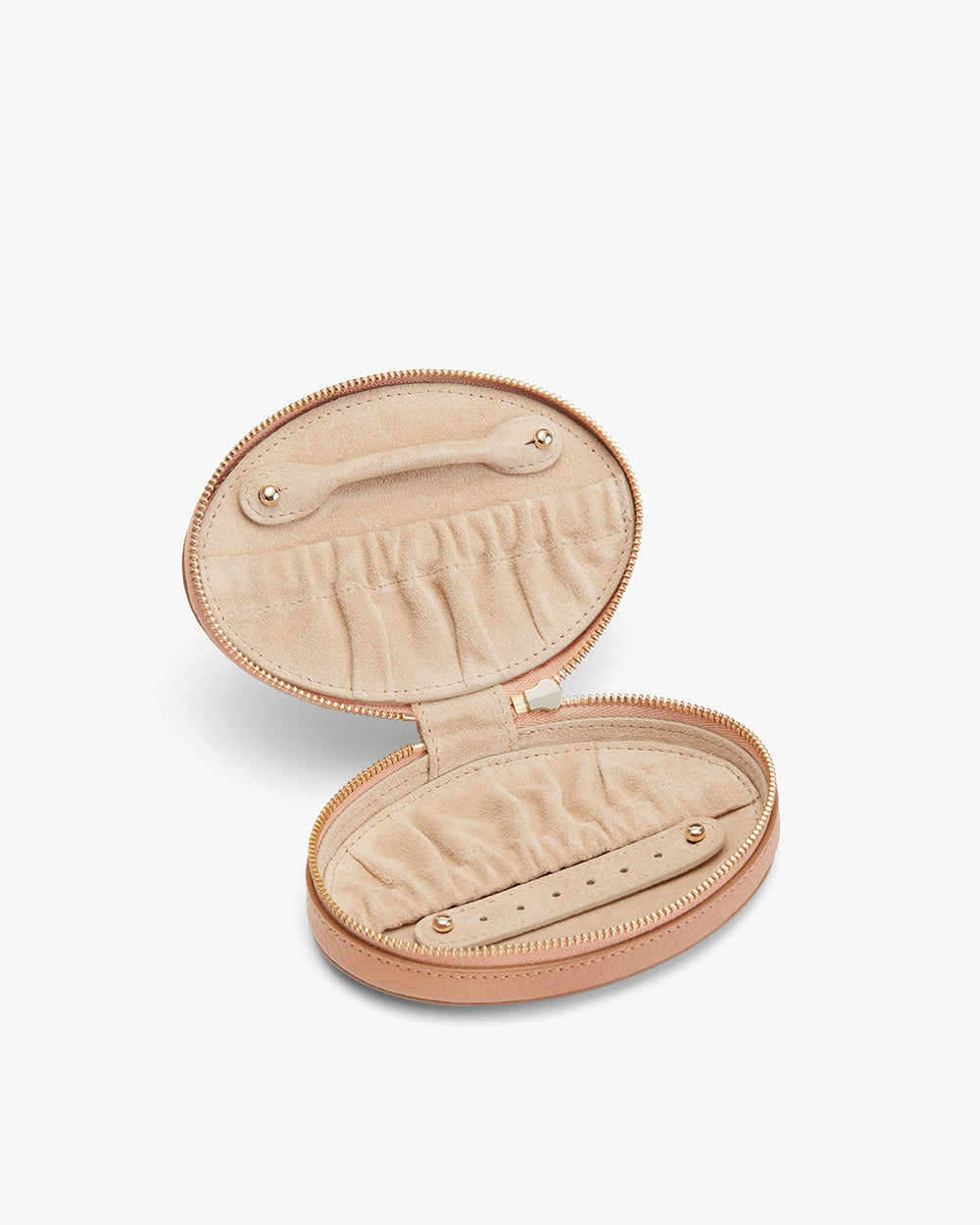 Oval-shaped jewelry box with zipper opened to reveal compartments inside.