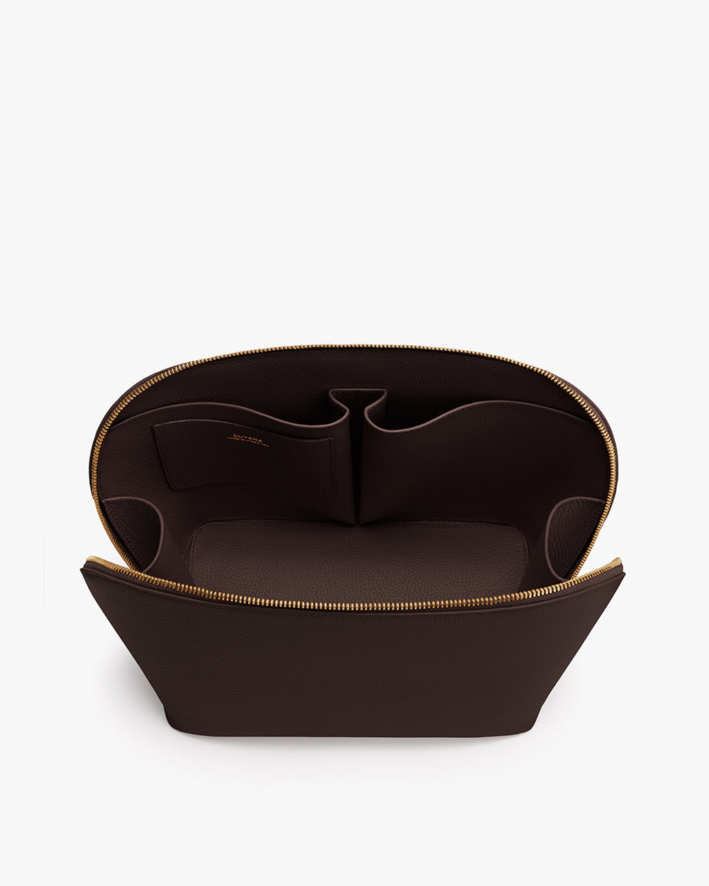 Open zippered pouch with multiple interior compartments