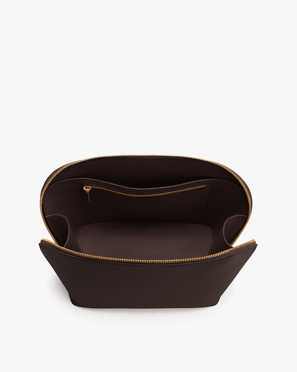 Open travel bag with interior zip pocket and wide opening.