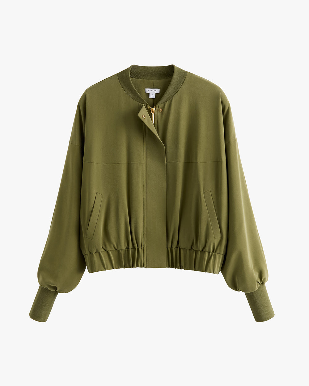 Front view of a long-sleeve bomber jacket with a zipper and two pockets.