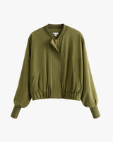 Front view of a long-sleeve bomber jacket with a zipper and two pockets.