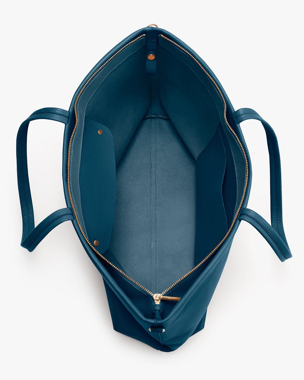 Open handbag with handles and visible interior pockets.