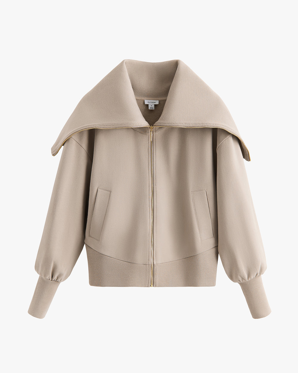 Jacket with large collar and zip closure on white background.