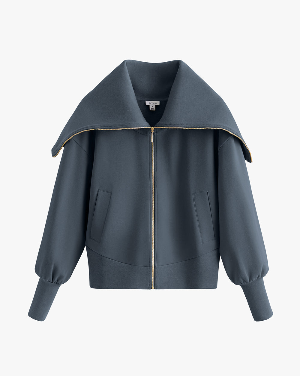 Jacket with wide collar and zippered front.