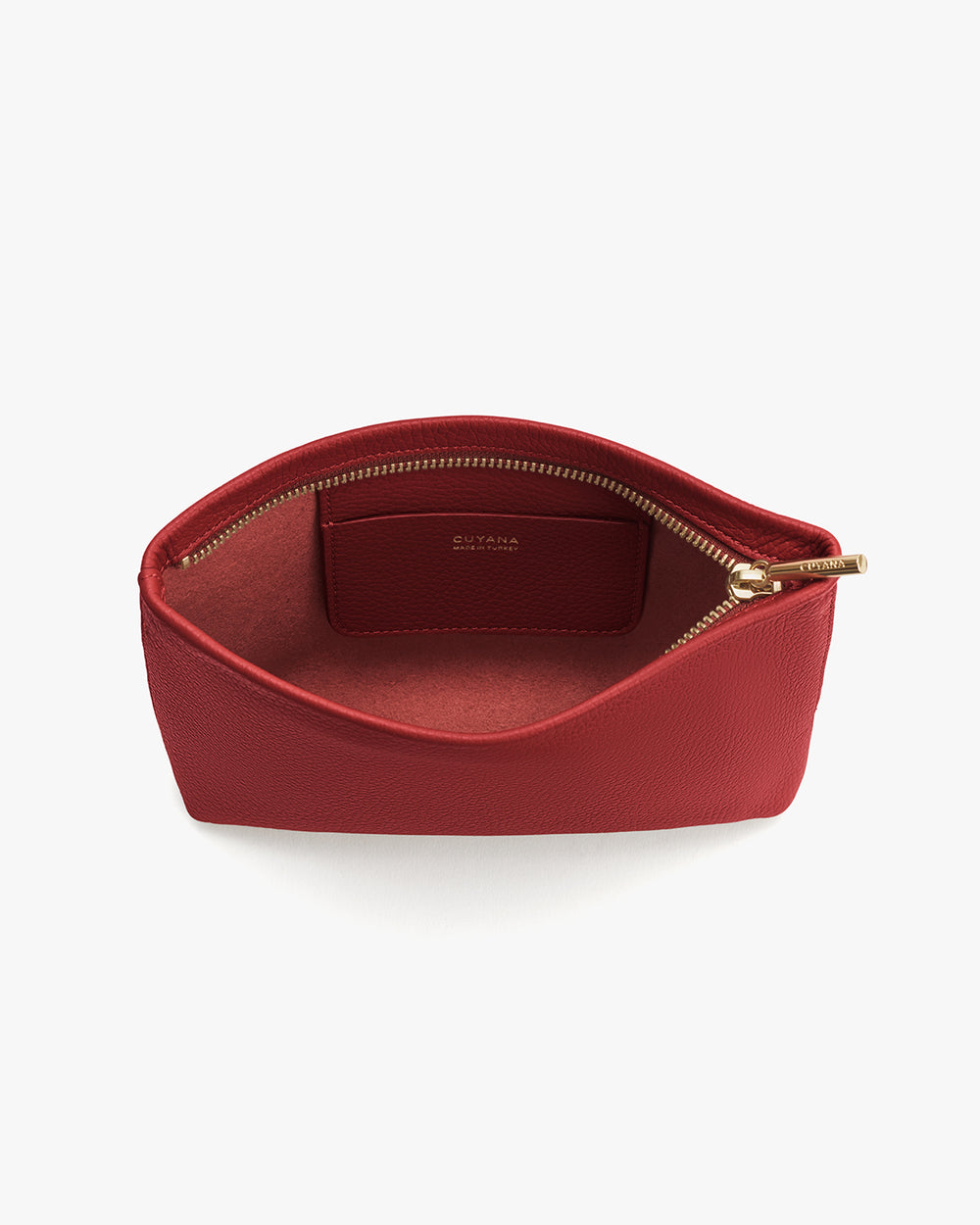 Open zippered pouch with visible interior and a brand logo inside.