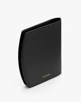 Folded textured wallet with a brand name on the front.