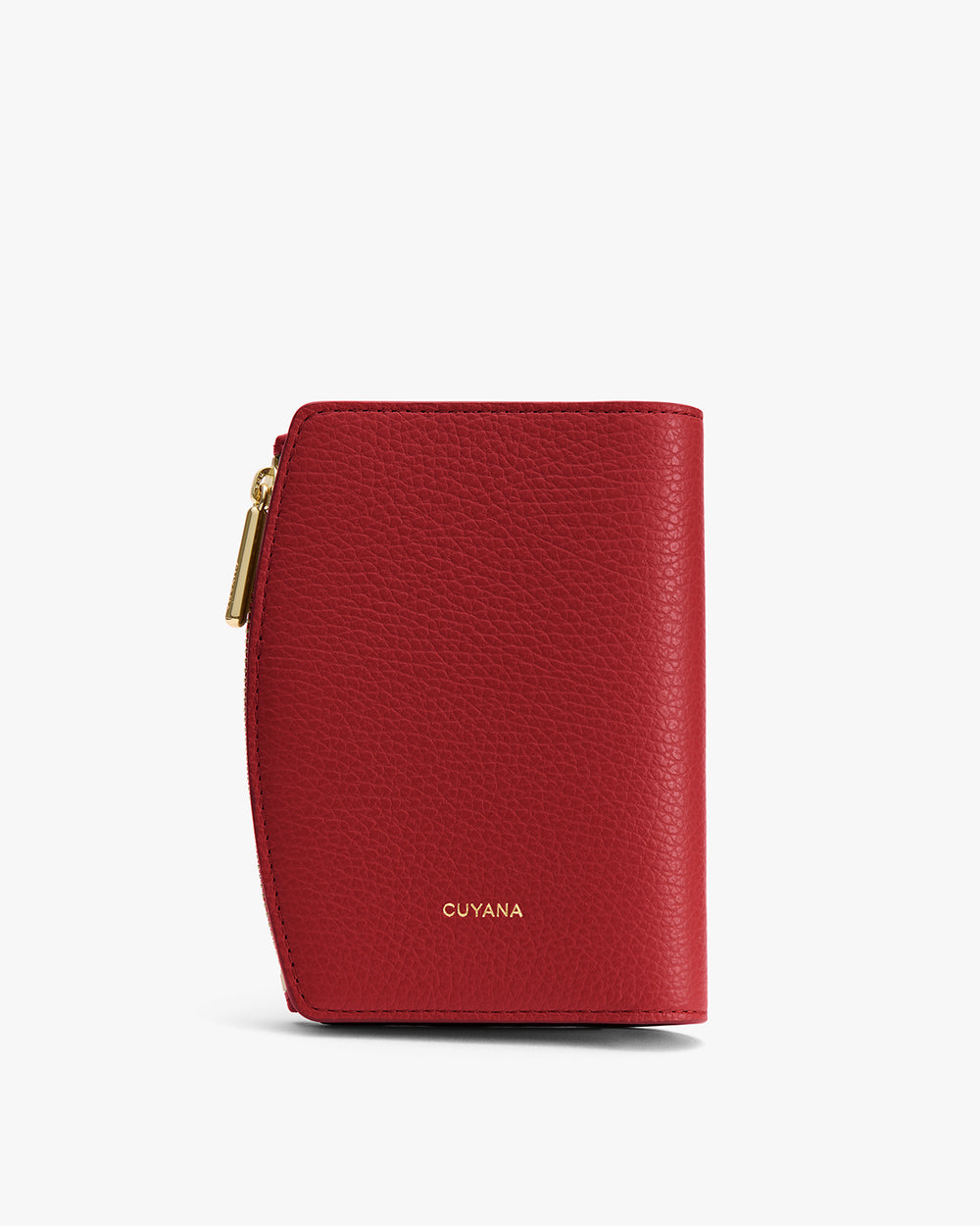 A small textured leather wallet with a zippered closure and gold accents.