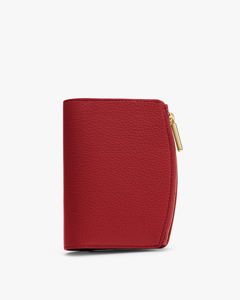 Wallet with a zipper closure on the side, standing upright against a plain backdrop.