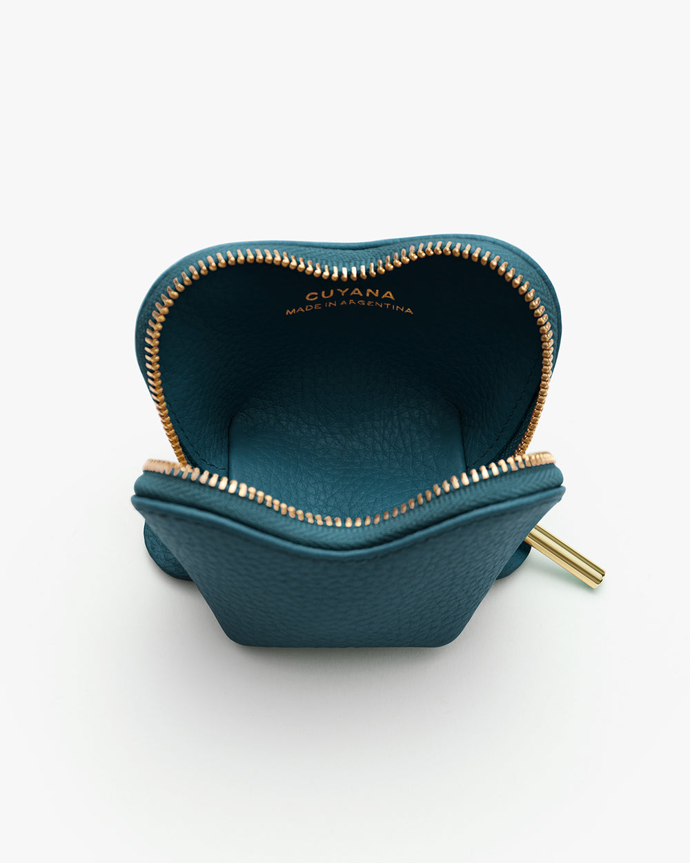 Small open pouch with a visible zipper and interior branding.