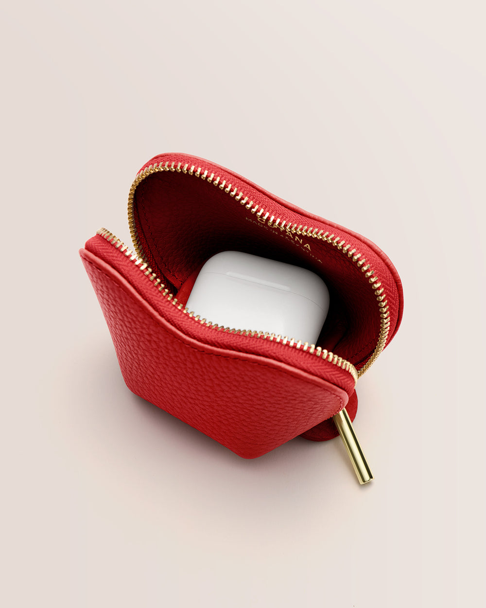 Small leather pouch with zipper holding earbud case.