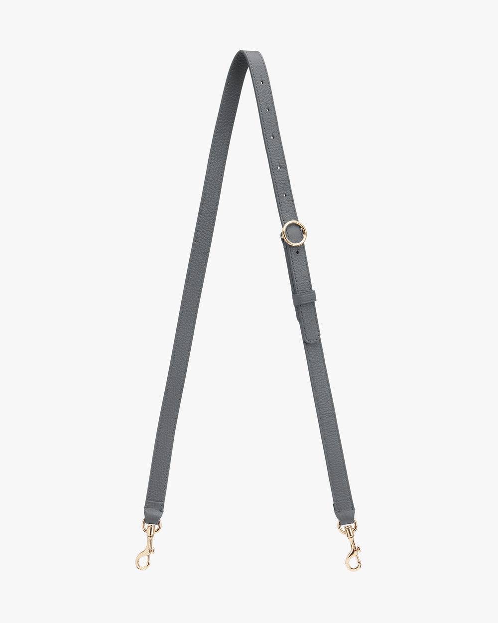 Adjustable bag strap with metal clasps and a buckle.
