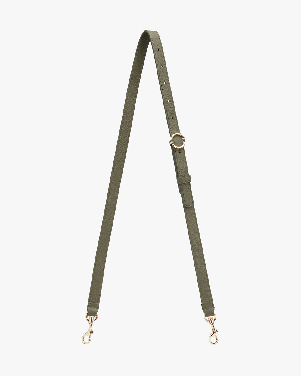 Adjustable handbag strap with metal clasps.
