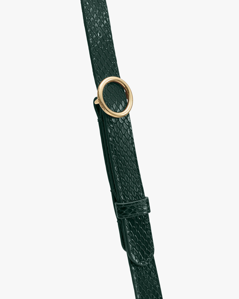 Strap with croc-embossed leather and circular metal buckle.
