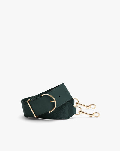 Wide strap with metal clasps and a large buckle.