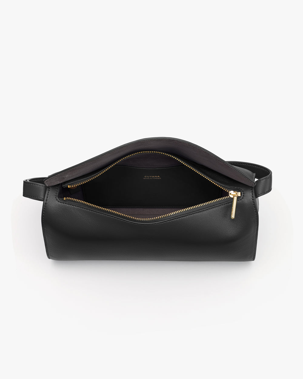 Belt bag with open zipper and visible interior with handle on both sides.