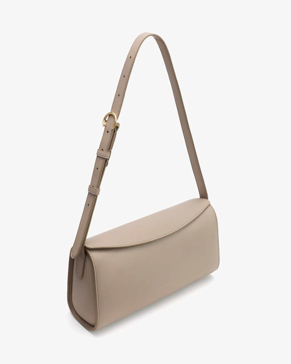 Rectangular shoulder bag with adjustable strap and rounded flap.