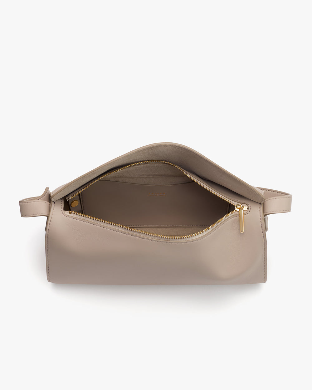 Open travel bag with a visible zipper and interior pocket