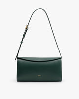 Shoulder bag with a front flap and strap.