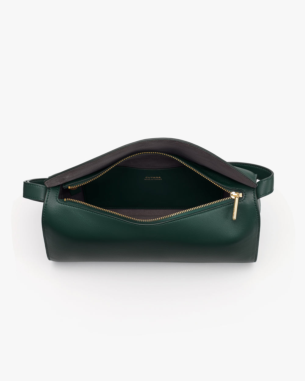 Open zippered travel bag with a minimalist design displayed on a plain background.