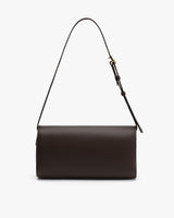 Rectangular shoulder bag with adjustable strap and flap closure.