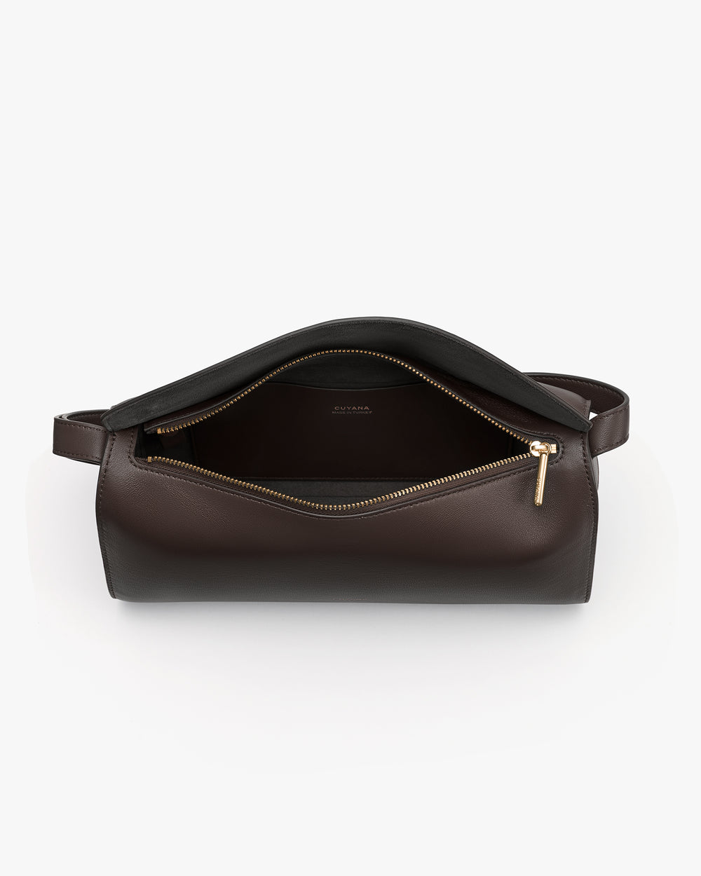 Open leather travel bag with visible interior and zippered opening.