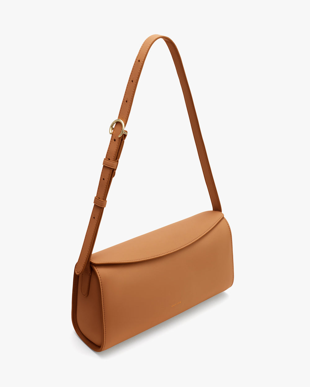Rectangular shoulder bag with adjustable strap and flap closure.