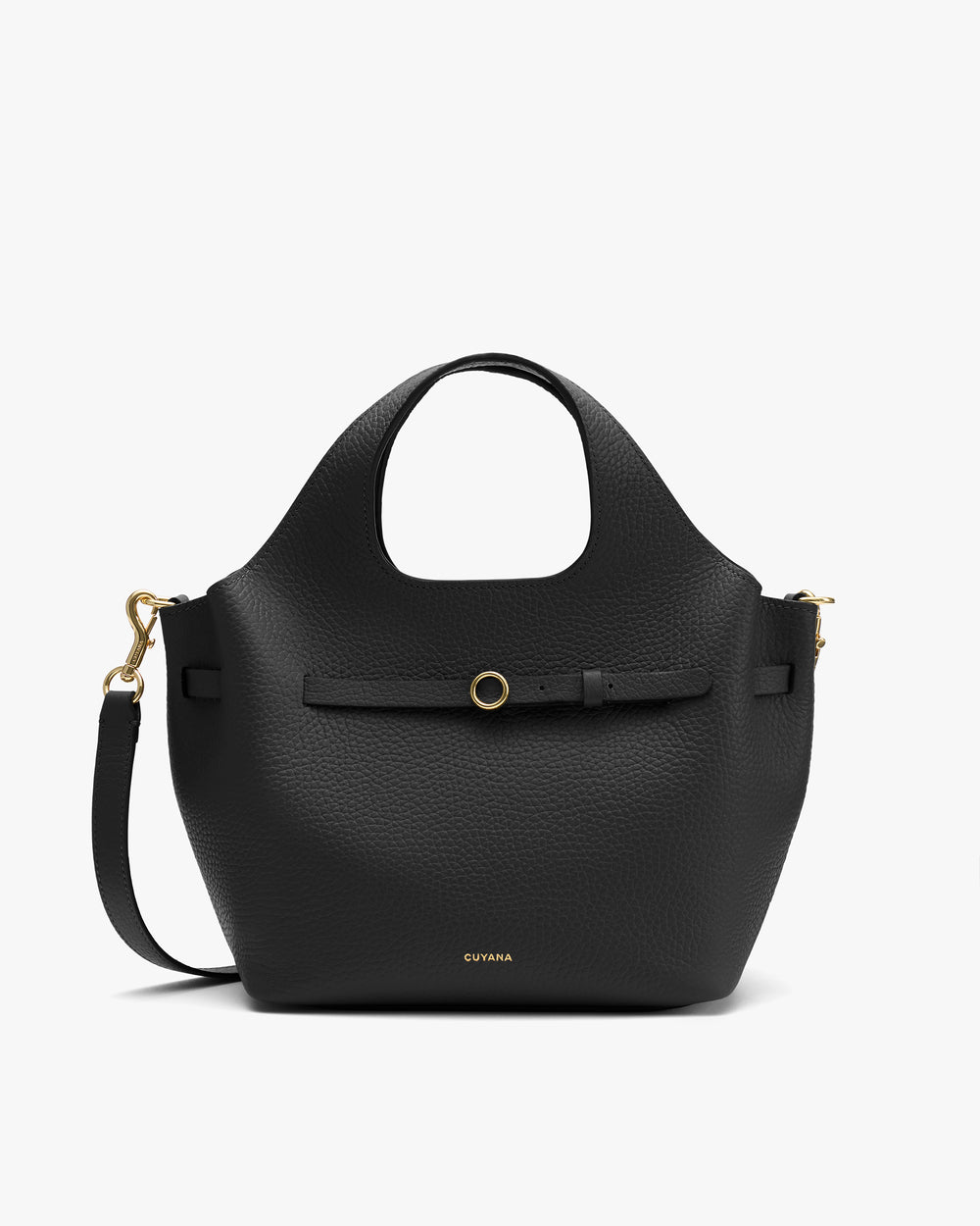 Tote bag with a central belt accent and a detachable shoulder strap.