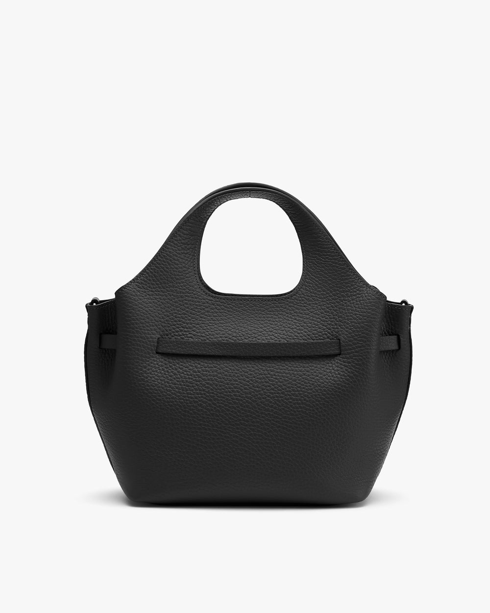 Handbag with rounded handles and textured surface.