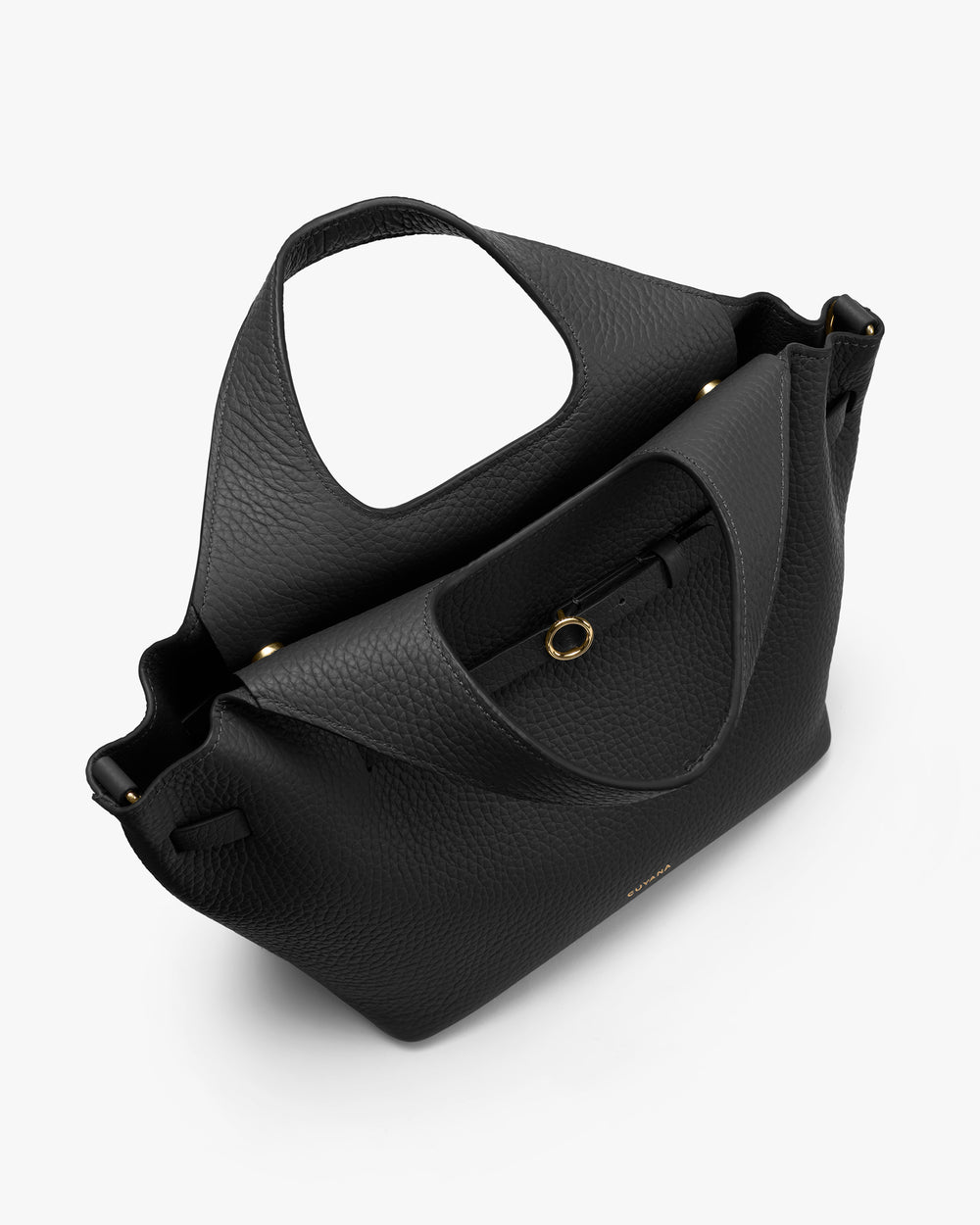 Top handle bag with open top and interior zipper pocket.