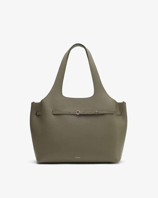 Tote bag with belt detail in the center and two handles.