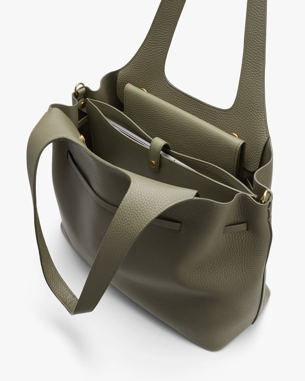 Open tote bag with handles and inner pockets.