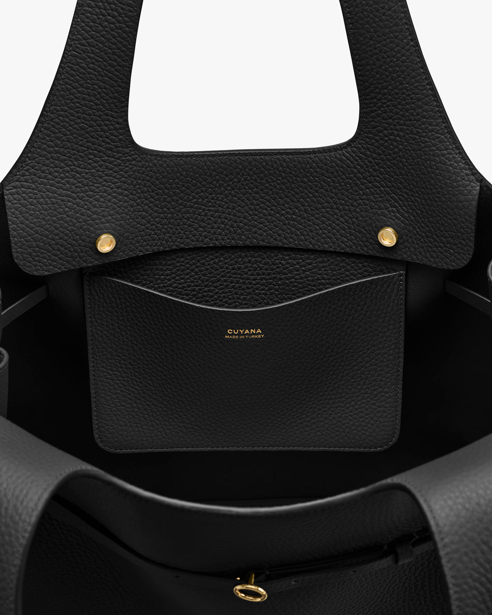 Open tote bag with interior pocket and gold button details.