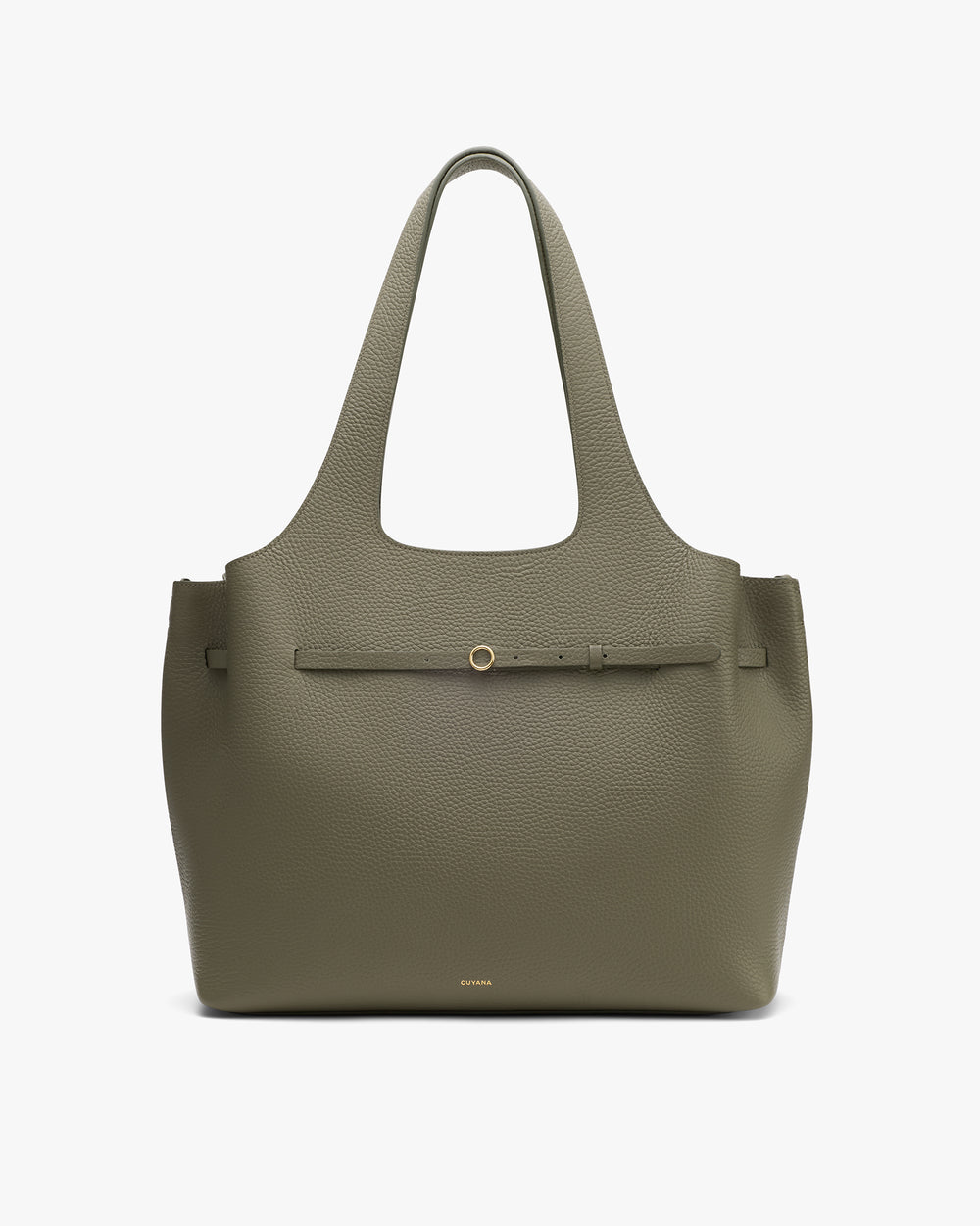 Tote bag with a textured surface and a front strap detail.