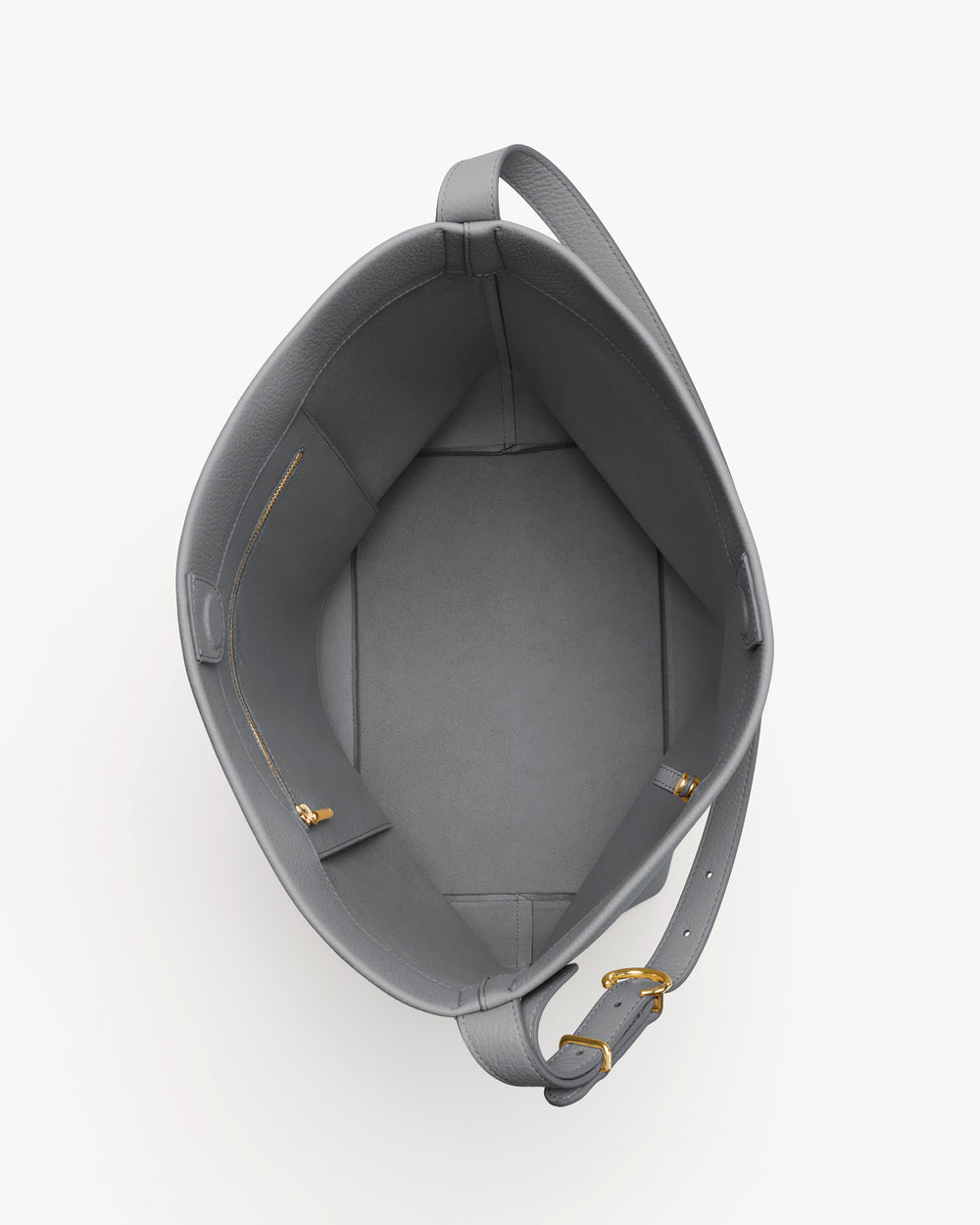 Top view of an open tote bag with a shoulder strap and inner pocket