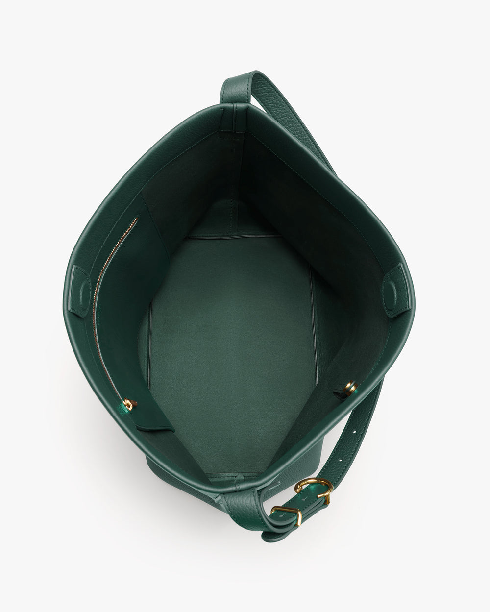 Open top view of an empty handbag with a strap on side.