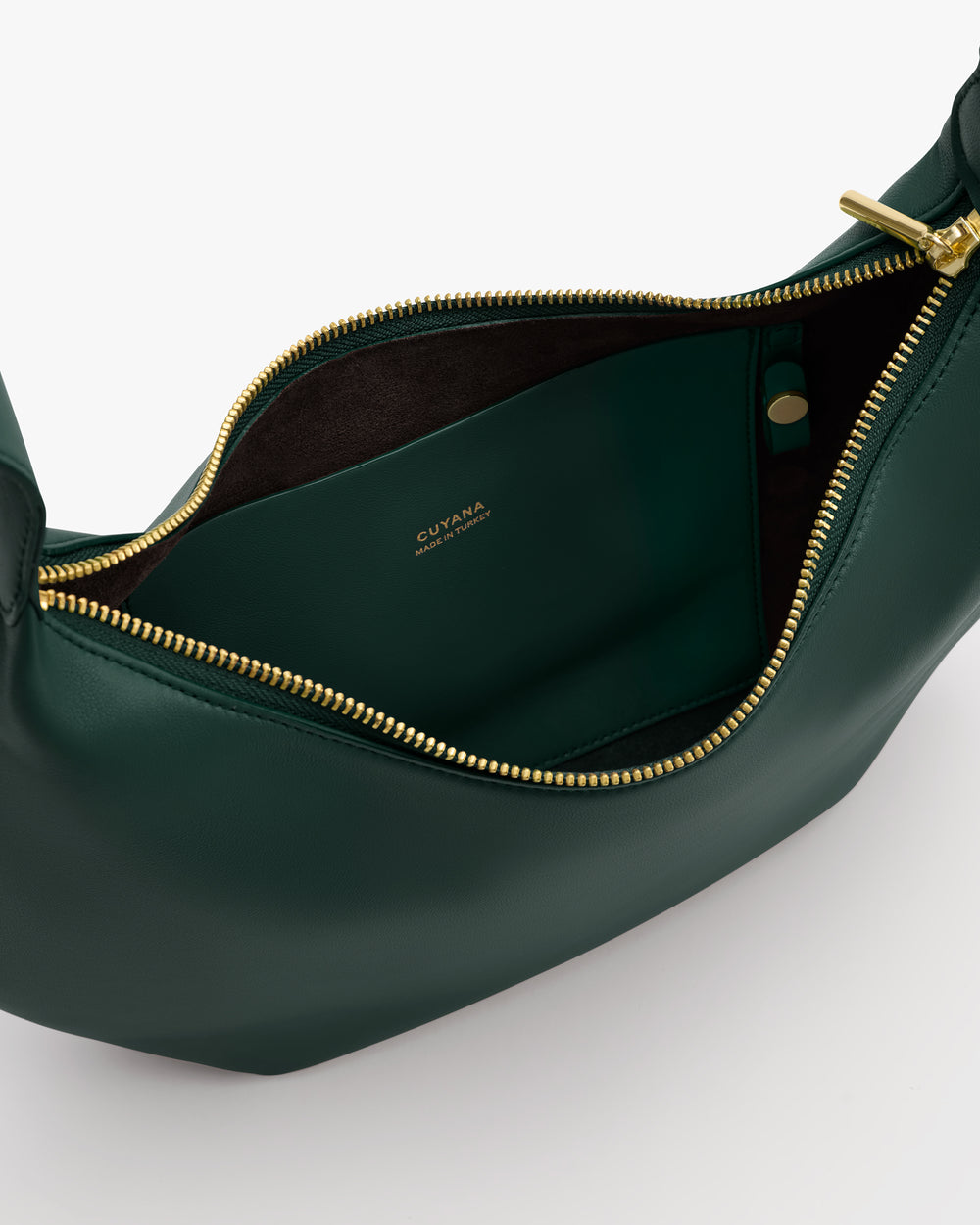 Open handbag with visible interior and zip closure.